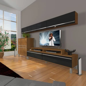 Ekoflex 8 Mdf Krom Ayaklı Tv Ünitesi Tv Sehpası - Ceviz - Siyah