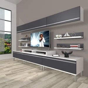 Ekoflex 8y Mdf Krom Ayaklı Tv Ünitesi Tv Sehpası - Beyaz - Antrasit
