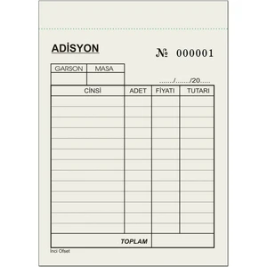 Adisyon Sipariş Fişi  A6 Tek Nüsha 10 Cilt