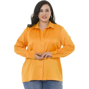 Disentis Modest Büyük Beden Saten Dokulu Manşetli Hardal Gömlek