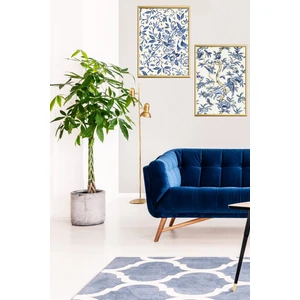 Ikili Gold Alüminyum Metal Çerçeveli Camlı Blue Blanc Desenli Mavi Renkli Poster Tablo Seti