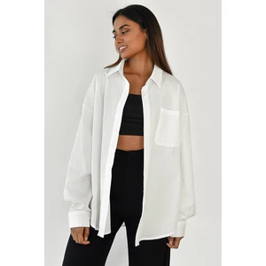 Beyaz Oversize Basic Cepli Poplin Gömlek MG1530