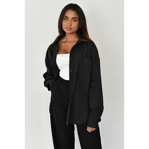 Siyah Oversize Basic Cepli Poplin Gömlek MG1530