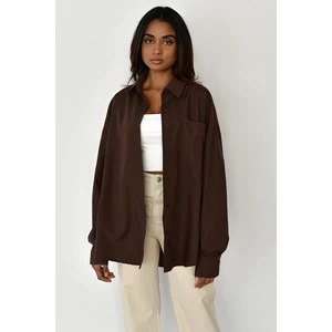 Kahverengi Oversize Basic Cepli Poplin Gömlek MG1530