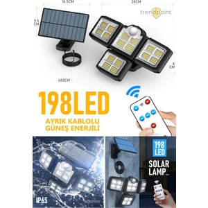 Solar Güneş Enerjili 198 Ledli Kumandalı Hareket Sensörlü Bahçe Aydınlatma Sokak Lambası
