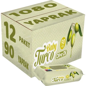 Baby Turco Islak Havlu Mendil 90 Yaprak Zeytinyağlı 12 Li Set 1080 Yaprak Plastik Kapaklı
