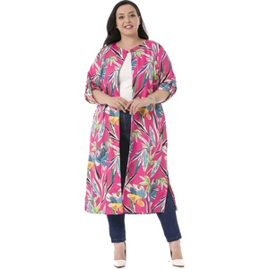 Disentis Modest Büyük Beden Yuvarlak Yaka Katlamalı Kollu Yanları Yırtmaçlı Cepli Astarsız Fuşya Kadın Ceket