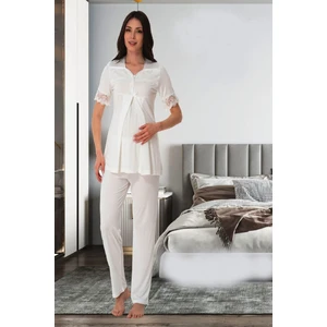 Ekru Dantelli Hamile Lohusa Pijama Takımı