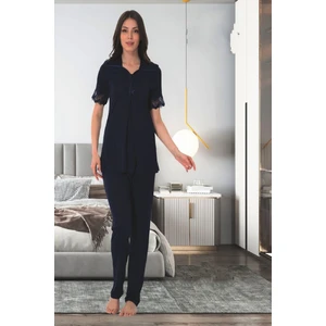 Lacivert Dantelli Hamile Lohusa Pijama Takımı