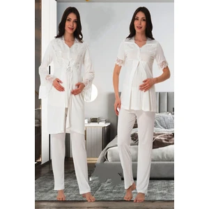 Ekru Sabahlıklı Hamile Lohusa Pijama Takımı