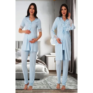Mavi Sabahlıklı Hamile Lohusa Pijama Takımı
