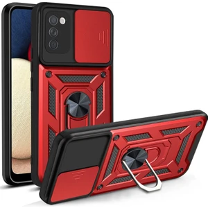 Samsung Galaxy A03S Kılıf Sert Silikon Tank Aramid Sürgülü Vega Yüzüklü Kırmızı