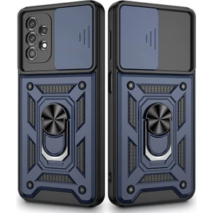Samsung Galaxy A73 Kılıf Sert Silikon Tank Aramid Sürgülü Vega Yüzüklü Lacivert