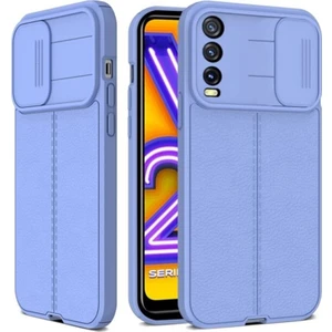 Vivo Y20S Kılıf Kamera Sürgülü Deri Dokulu Mat Silikon Mor