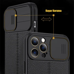 Apple iPhone 13 Kılıf Kamera Sürgülü Deri Dokulu Mat Silikon Kırmızı