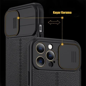 Apple iPhone 13 Pro Kılıf Kamera Sürgülü Deri Dokulu Mat Silikon+Nano Glass Koruyucu Mor