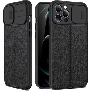 Apple iPhone 13 Pro Kılıf Kamera Sürgülü Deri Dokulu Mat Silikon+Nano Glass Koruyucu Siyah