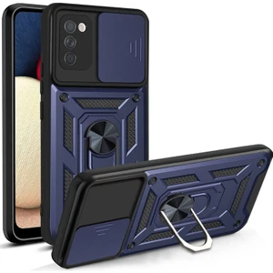 Samsung Galaxy A03S Kılıf Sert Silikon Tank Aramid Sürgülü Vega Yüzüklü Lacivert