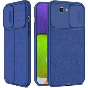 Samsung Galaxy J7 Prime Kılıf Kamera Sürgülü Deri Dokulu Mat Silikon+Nano Glass Koruyucu Lacivert