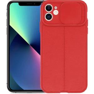 Apple iPhone 12 Kılıf Kamera Sürgülü Deri Dokulu Mat Silikon Kırmızı
