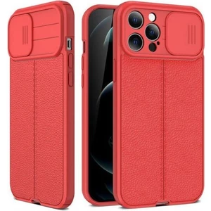 Apple iPhone 13 Pro Max Kılıf Kamera Sürgülü Deri Dokulu Mat Silikon+Nano Glass Koruyucu Kırmızı