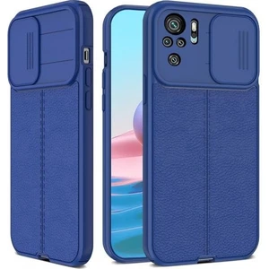 Xiaomi Redmi Note 10S Kılıf Kamera Sürgülü Deri Dokulu Mat Silikon+Nano Glass Koruyucu Lacivert