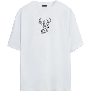 The Wert Ünisex Geyik Baskılı Beyaz Oversize Tshirt