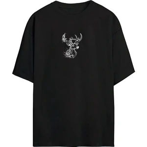 The Wert Ünisex Geyik Baskılı Siyah Oversize Tshirt