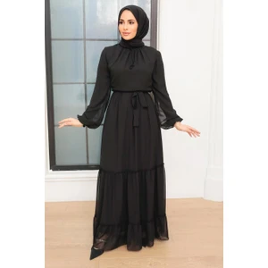Neva Style - Kat Pliseli Siyah Tesettür Elbise 5726s