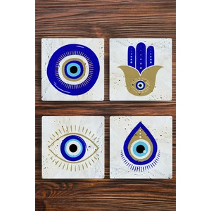 Nazar Boncuğu Desenli Doğal Taş Bardak Altlığı 4'lü 10 x 10 x 1 cm