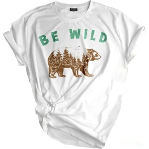Genius Store Erkek Tişört Baskılı Outdoor T-Shirt-Be Wıld Ayı Beyaz