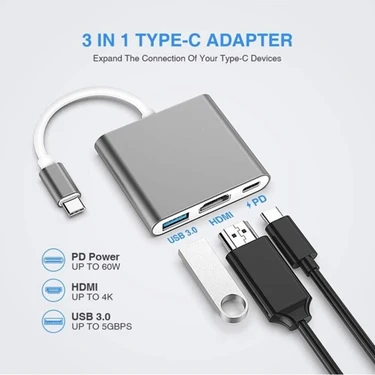 Macbook 3 In 1 Type-C To Hdmı USB 3.0 Çevirici Dönüştürücü