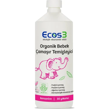 Ecos3 Bebek Çamaşır Deterjanı, Organik & Vegan Sertifikalı, Ekolojik, Kokusuz, Konsantre 30 Yıkama,