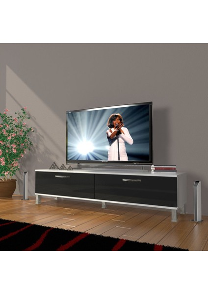 Eko 140 Mdf Std Krom Ayaklı Tv Ünitesi Tv Sehpası - Beyaz - Siyah