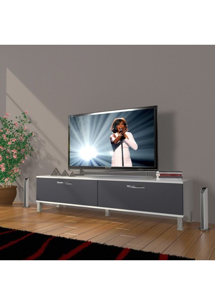 Eko 140 Mdf Std Krom Ayaklı Tv Ünitesi Tv Sehpası - Beyaz - Antrasit