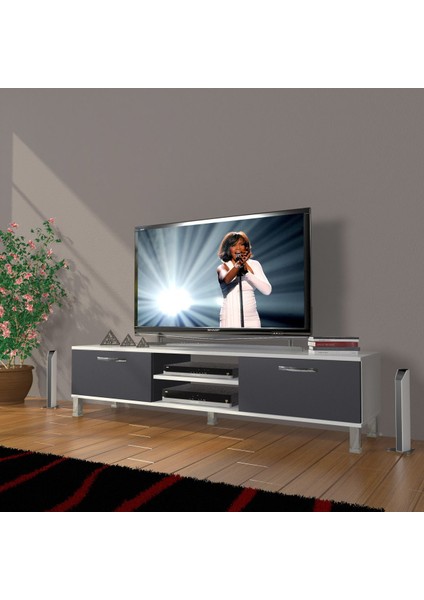 Eko 140 Mdf DVD Krom Ayaklı Tv Ünitesi Tv Sehpası - Beyaz - Antrasit