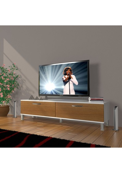 Eko 140 Mdf Std Krom Ayaklı Tv Ünitesi Tv Sehpası - Beyaz - Ceviz