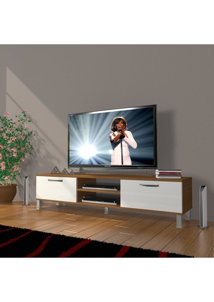 Eko 140 Slm DVD Krom Ayaklı Tv Ünitesi Tv Sehpası - Ceviz - Beyaz
