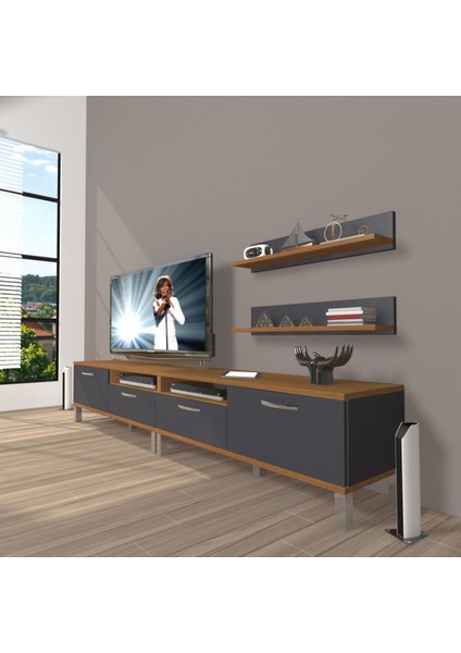 Eko 200R Mdf Krom Ayaklı Tv Ünitesi Tv Sehpası - Ceviz - Antrasit