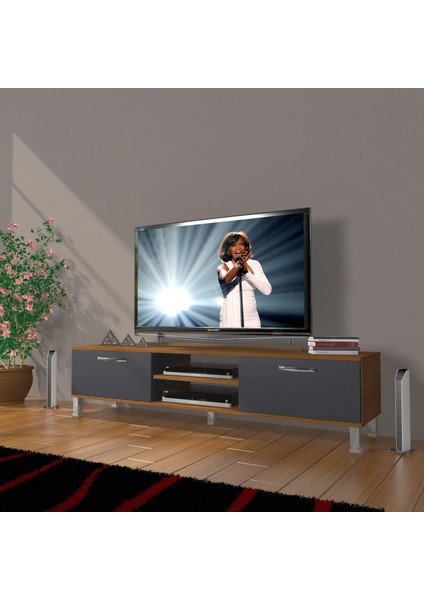 Eko 140 Mdf DVD Krom Ayaklı Tv Ünitesi Tv Sehpası - Ceviz - Antrasit