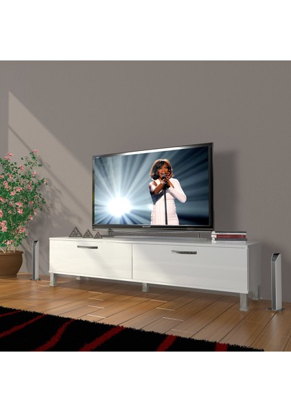Eko 140 Mdf Std Krom Ayaklı Tv Ünitesi Tv Sehpası - Parlak Beyaz