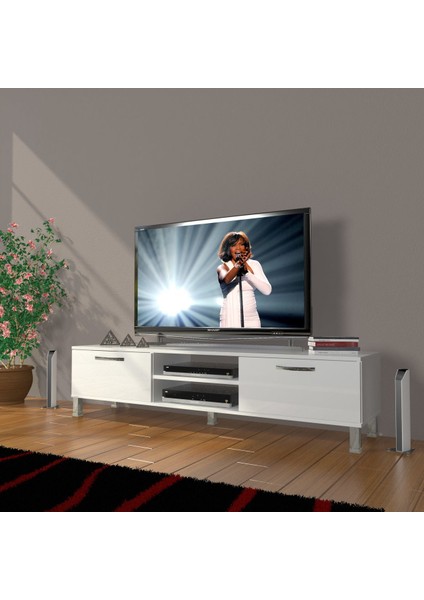 Eko 140 Mdf DVD Krom Ayaklı Tv Ünitesi Tv Sehpası - Parlak Beyaz
