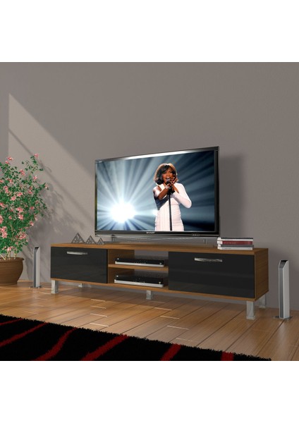 Eko 140 Mdf DVD Krom Ayaklı Tv Ünitesi Tv Sehpası - Ceviz - Siyah