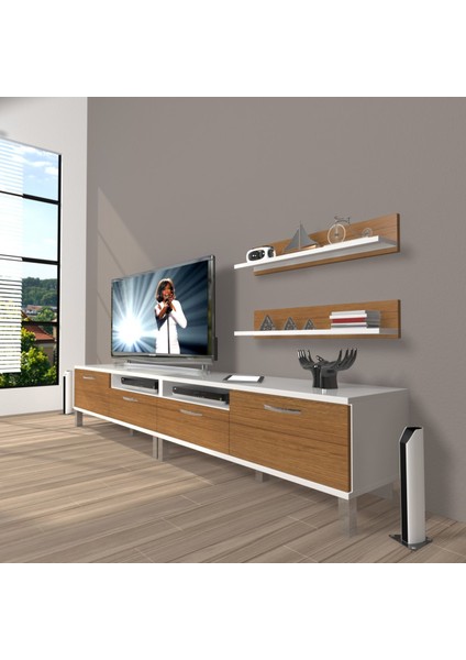 Eko 200R Mdf Krom Ayaklı Tv Ünitesi Tv Sehpası - Beyaz - Ceviz
