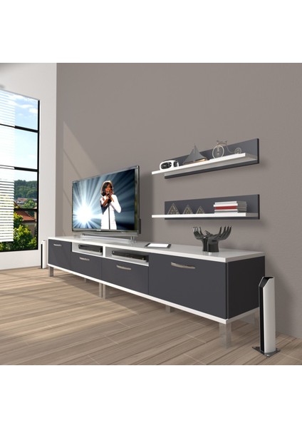 Eko 200R Mdf Krom Ayaklı Tv Ünitesi Tv Sehpası - Beyaz - Antrasit