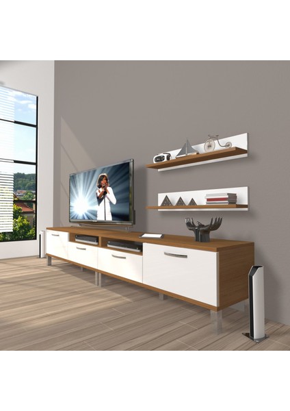 Eko 200R Mdf Krom Ayaklı Tv Ünitesi Tv Sehpası - Ceviz - Beyaz