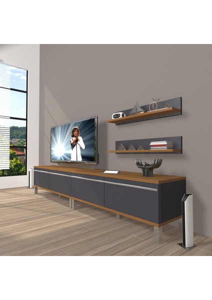 Eko 200T Mdf Krom Ayaklı Tv Ünitesi Tv Sehpası - Ceviz - Antrasit