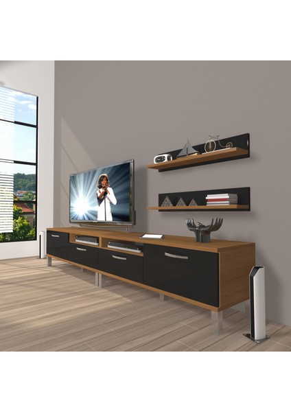 Eko 200R Mdf Krom Ayaklı Tv Ünitesi Tv Sehpası - Ceviz - Siyah
