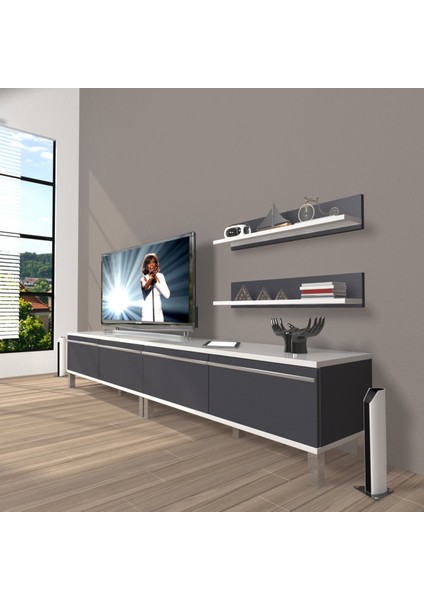 Eko 200T Mdf Krom Ayaklı Tv Ünitesi Tv Sehpası - Beyaz - Antrasit