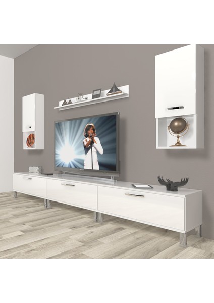 Eko 270DA Mdf Krom Ayaklı Tv Ünitesi Tv Sehpası - Parlak Beyaz